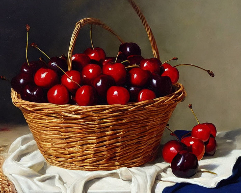 Realistic Painting of Wicker Basket with Red Cherries