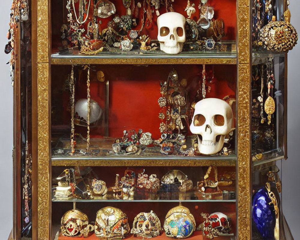 Ornate Gold Framework Cabinet with Eclectic Collection and Human Skulls