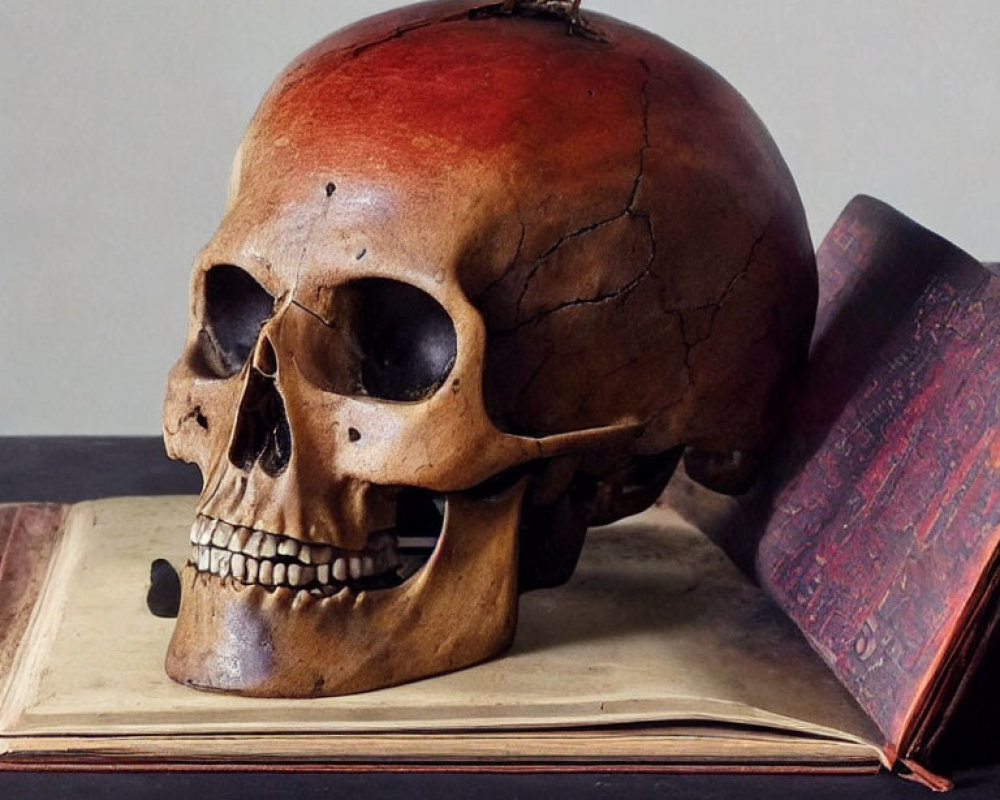 Human Skull Model on Old Book with Red-Brown Finish and Patina