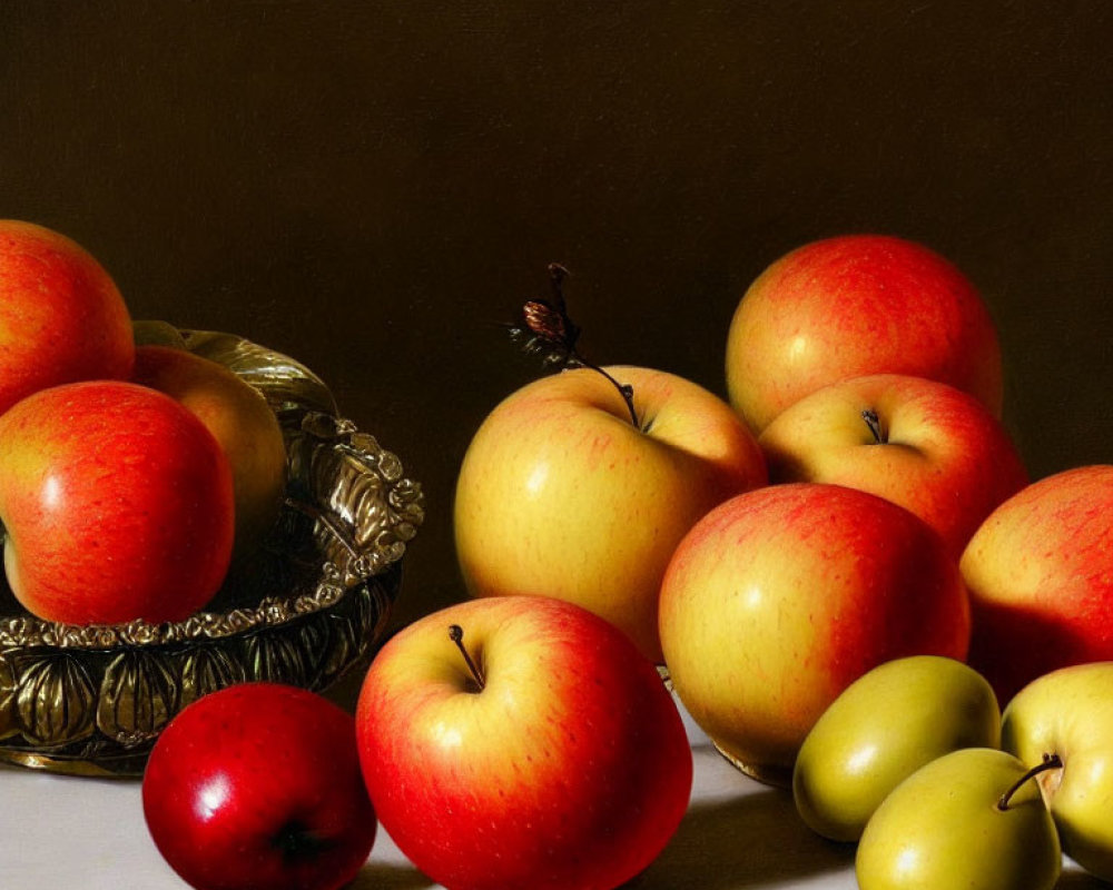 Still life painting featuring red and golden apples in glass bowl on dark surface