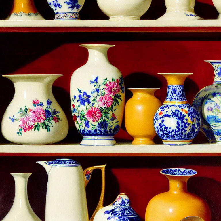 Colorful Ceramic Vases and Pots with Floral Patterns on Wooden Shelves