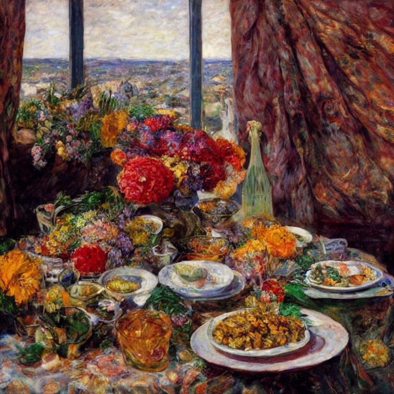 Colorful Flowers and Lavish Feast Painting by Window View