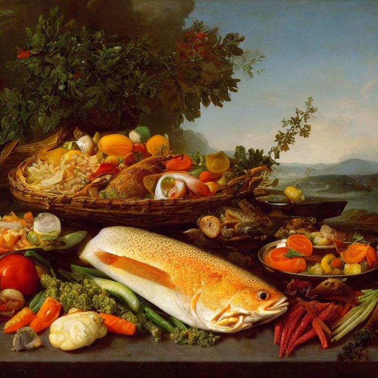 Classic Still Life Painting with Fish, Shellfish, and Vegetables