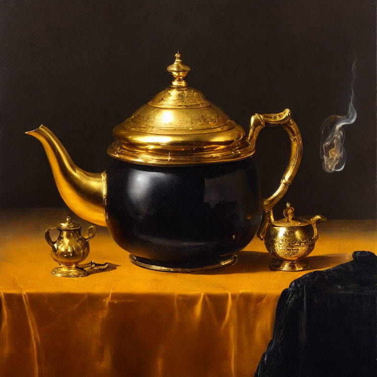Shiny black and gold teapot with steam, teacup, and saucer on golden cloth