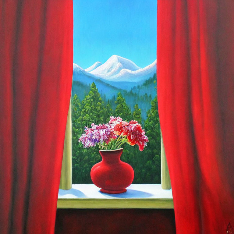 Colorful painting of red vase with flowers on windowsill, snowy mountain backdrop