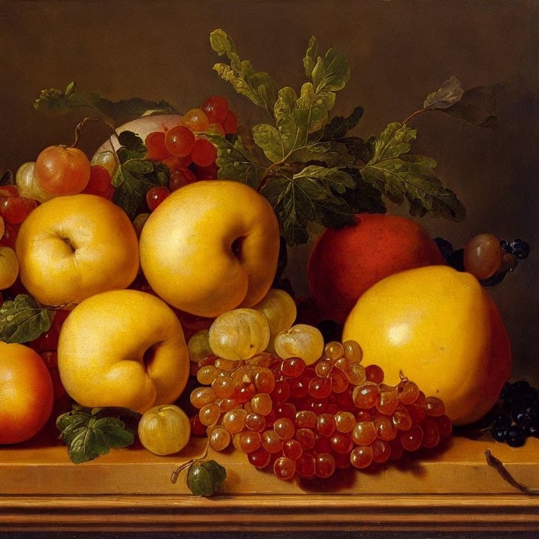 Assorted Fruits Still Life Painting on Wooden Surface