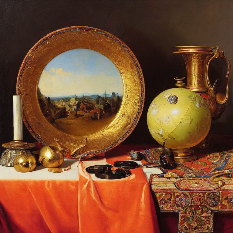 Round mirror reflects cityscape, gold pitcher, celestial globe, and assorted objects on table