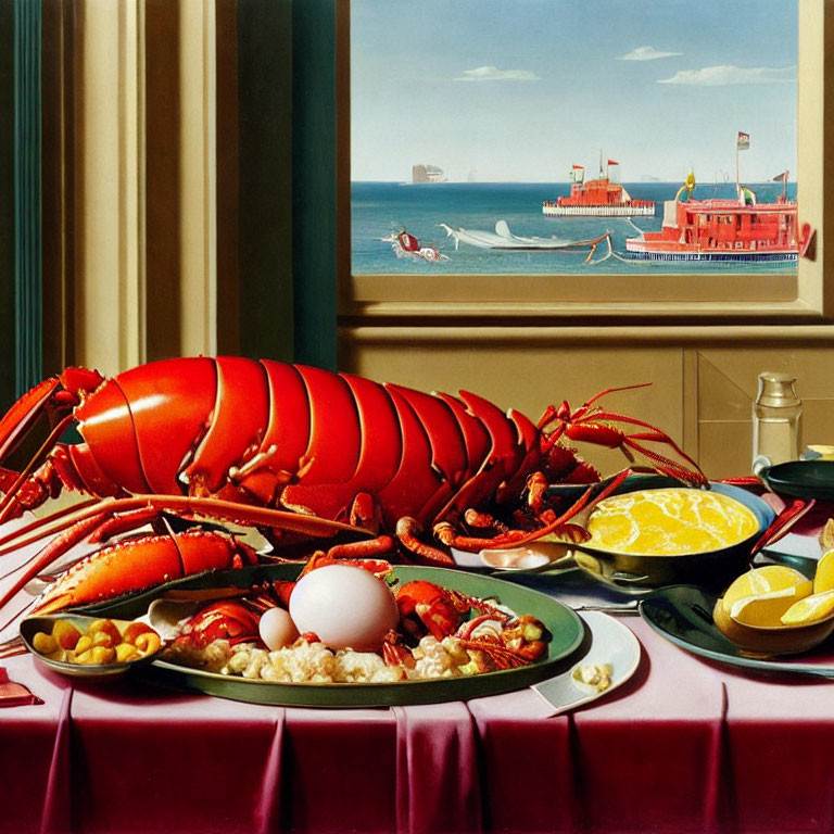 Sumptuous seafood feast still life with seascape view.