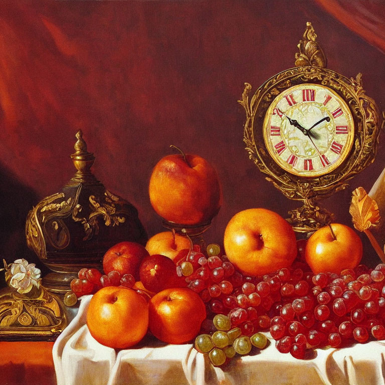 Traditional Still Life Painting with Fruits, Golden Clock, and Decorative Objects