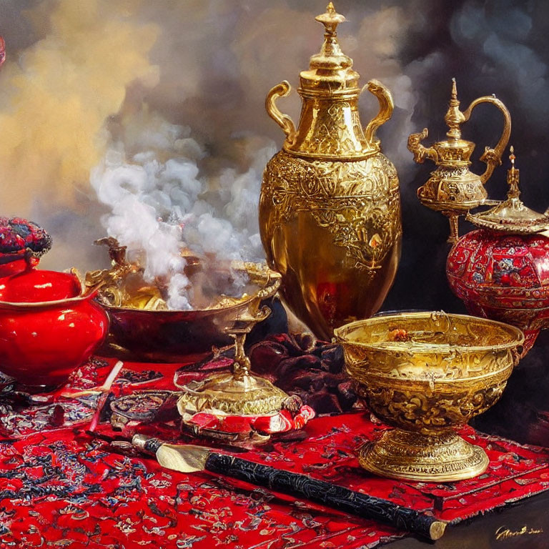 Golden tea set with steam, fruits, nuts on red cloth, dark background