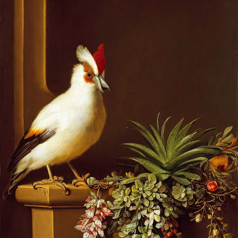White and Yellow Bird with Red Crest on Table Next to Potted Plant