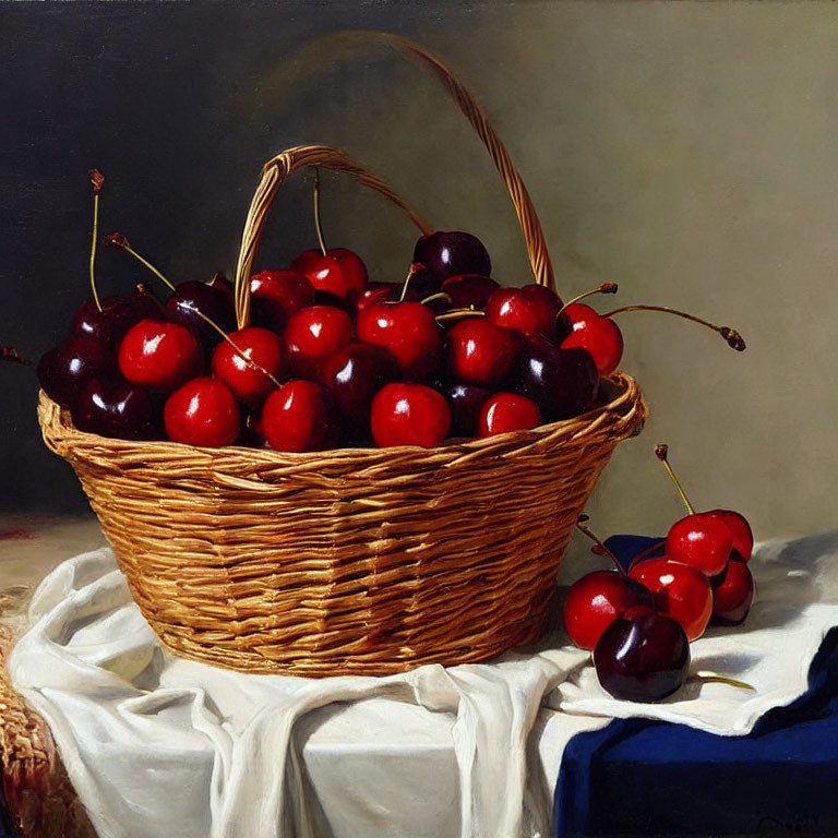 Realistic Painting of Wicker Basket with Red Cherries