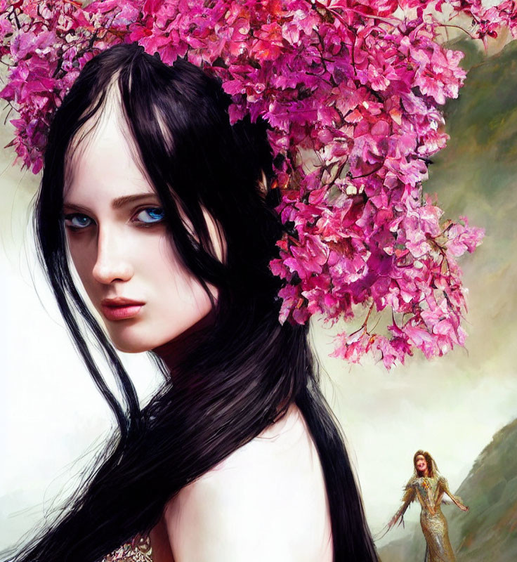 Woman with pale skin and dark hair adorned with pink blossoms, gazing intently with blurred figure