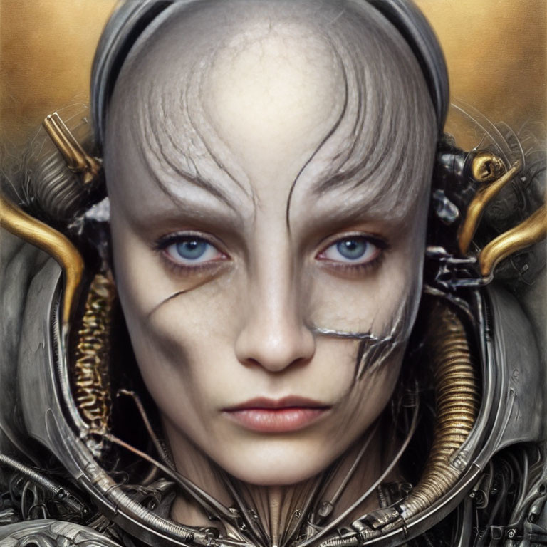 Humanoid robot portrait with lifelike female face and blue eyes blending organic and synthetic features.
