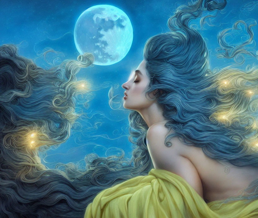 Fantasy art: Woman with flowing blue hair under full moon