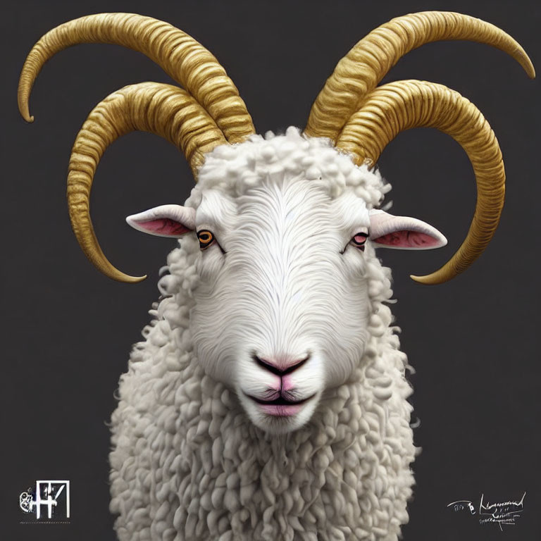 Digital image featuring sheep with large, twisted ram's horns and detailed face on grey backdrop