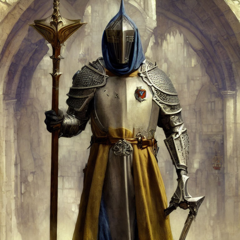 Medieval knight in ornate armor with halberd and blue hood.