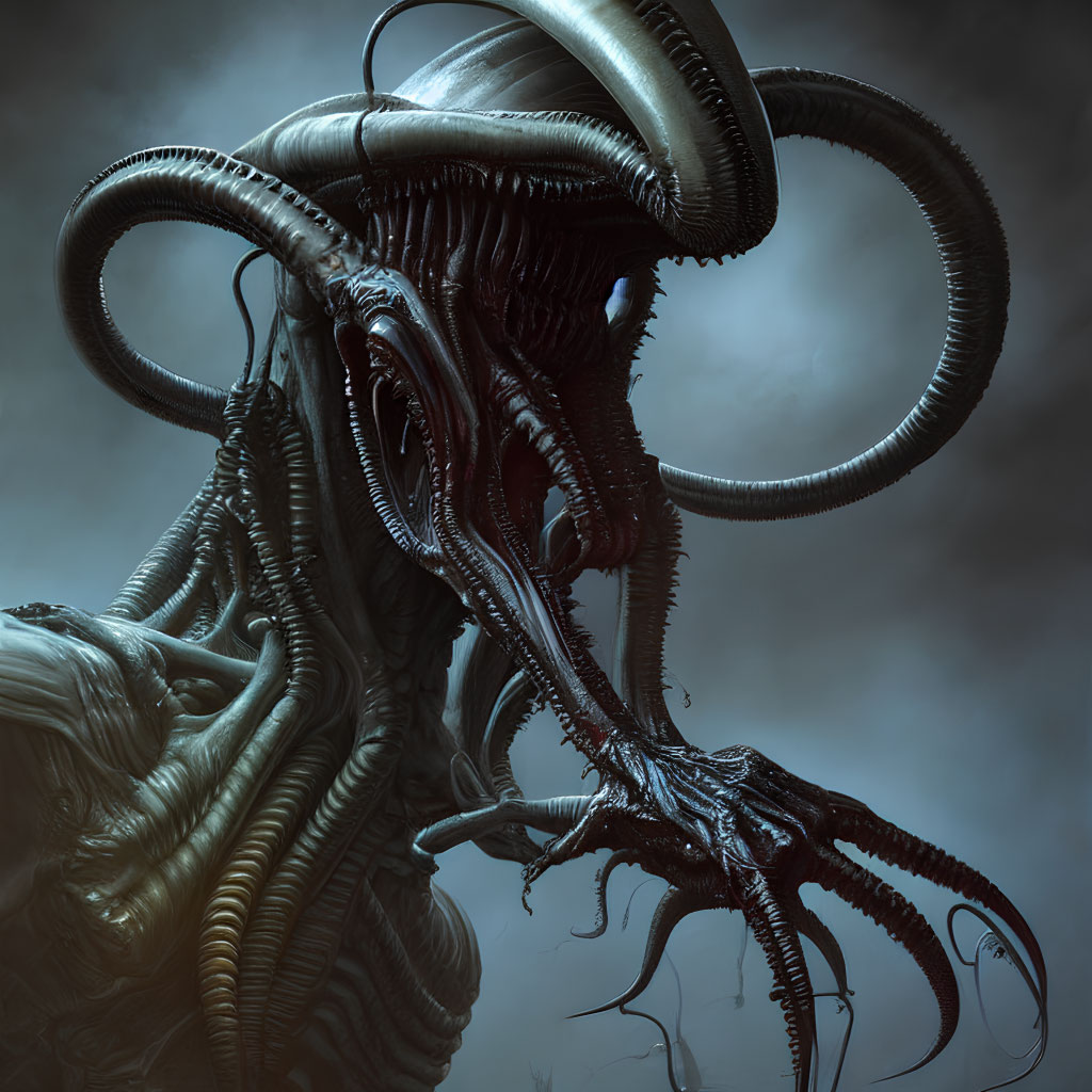 Detailed illustration of ominous tentacled creature with large horns and exoskeleton in misty, dark