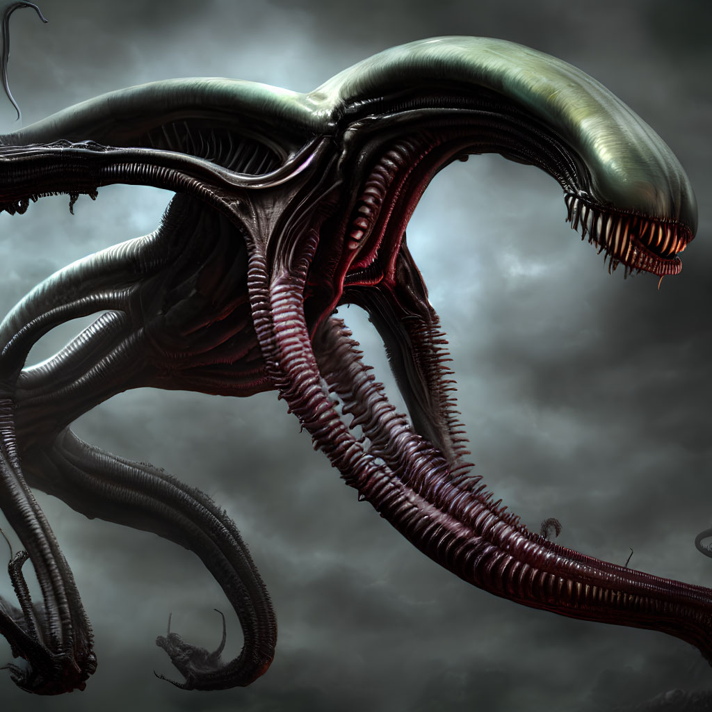Menacing alien creature with sharp teeth and tentacles in stormy sky