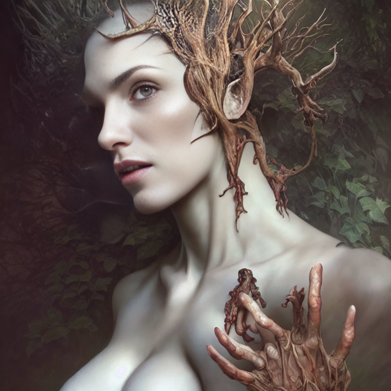Fantastical woman with tree branch-like hair and hand in leafy backdrop