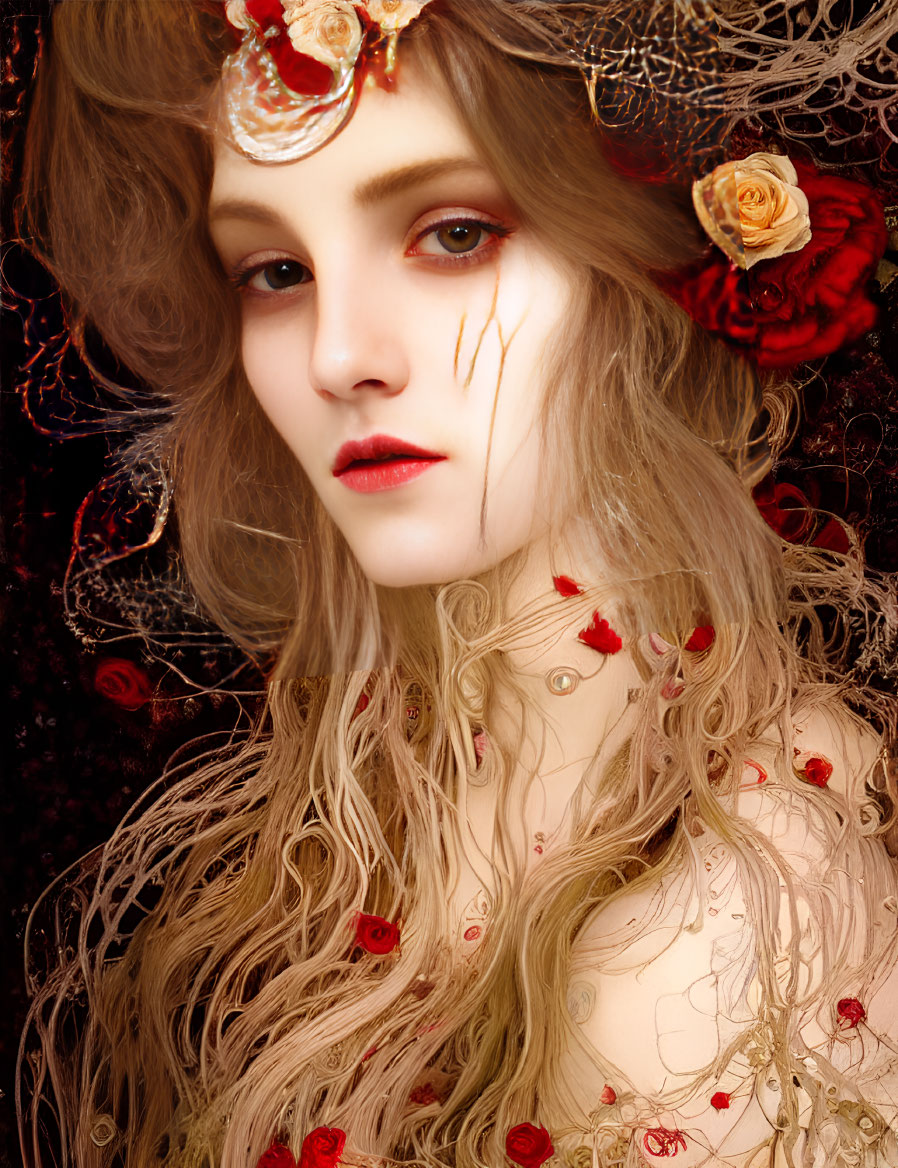 Portrait of Woman with Pale Skin and Crimson Flowers in Hair Against Dark Floral Backdrop