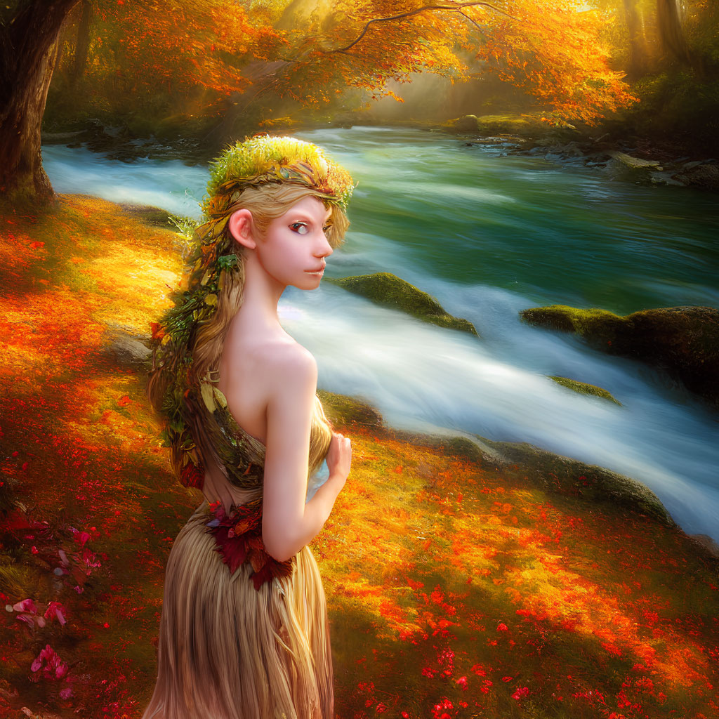 Fantasy figure with leaf crown in autumnal forest by stream