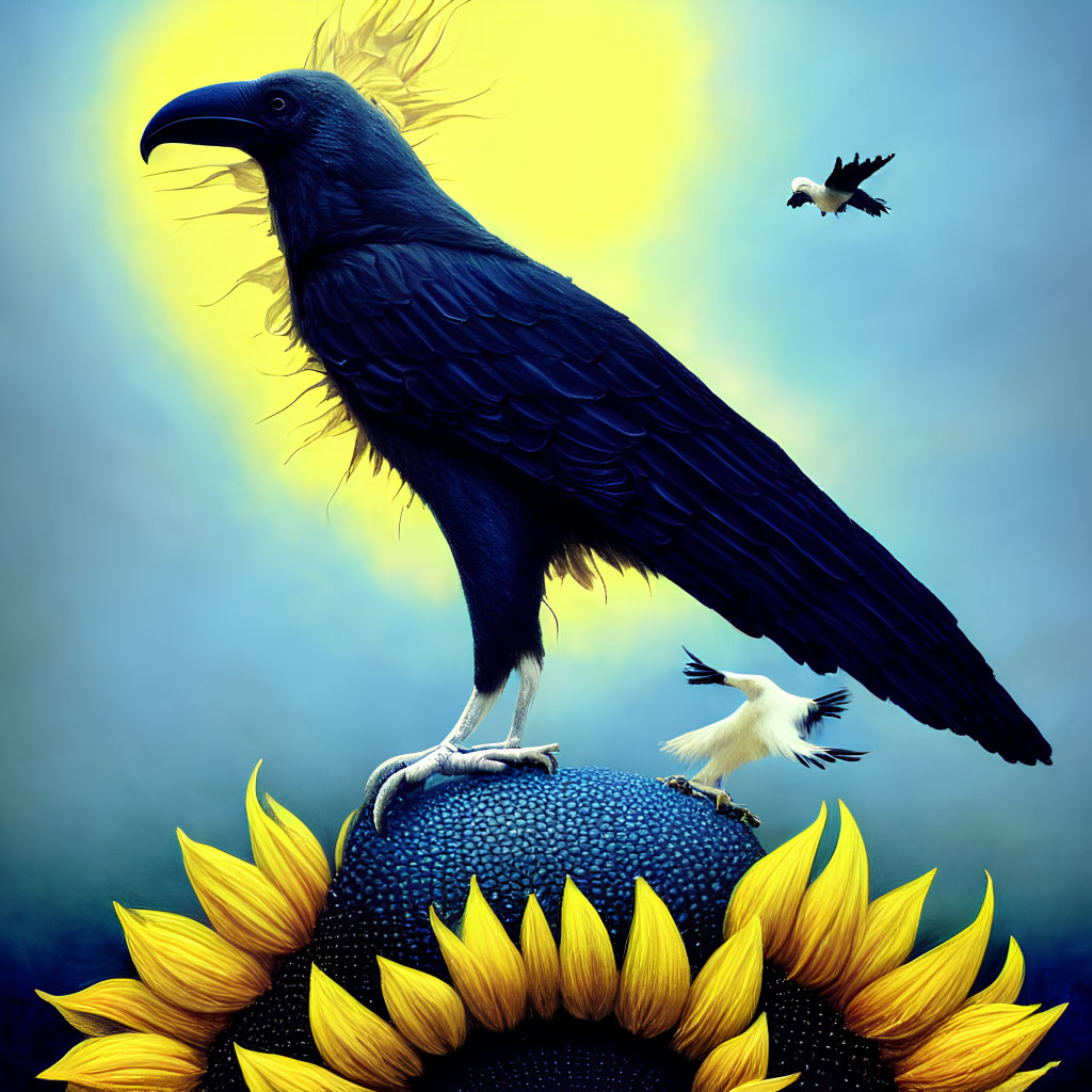 Raven on sunflower with flying birds under blue sky