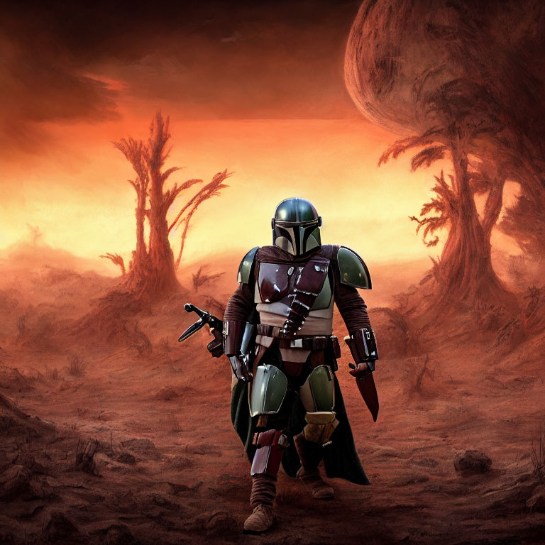Mandalorian figure in green and maroon armor on desert planet