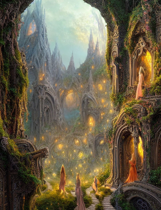 Mystical forest scene with glowing orbs and ethereal figures