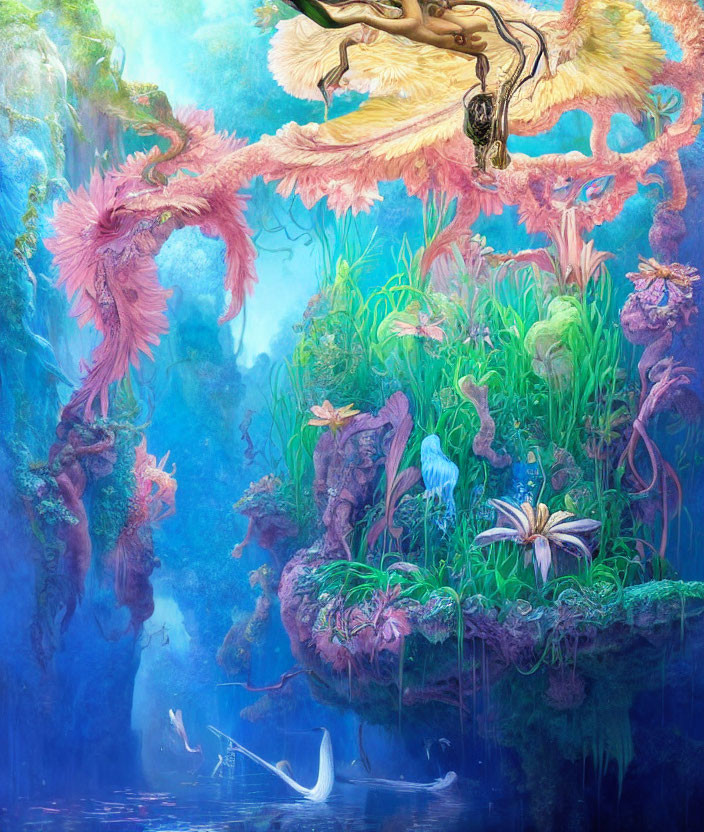 Colorful fantasy landscape with glowing tree, soaring bird, and underwater realm with manta creature