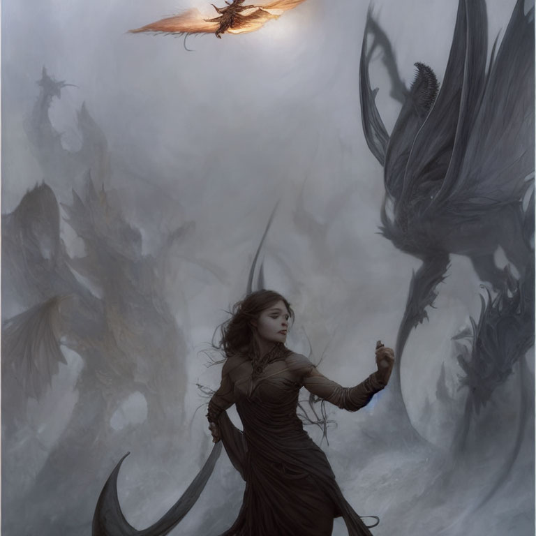 Woman in brown dress with scythe, dragons in misty background.