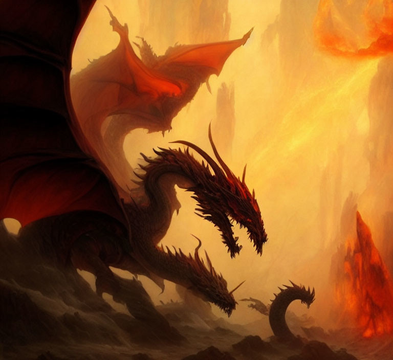 Majestic dragon with spread wings in fiery landscape