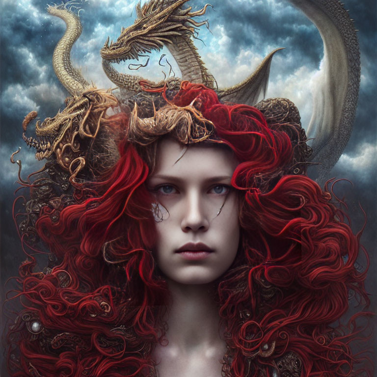 Voluminous red hair woman with dragon on stormy sky background