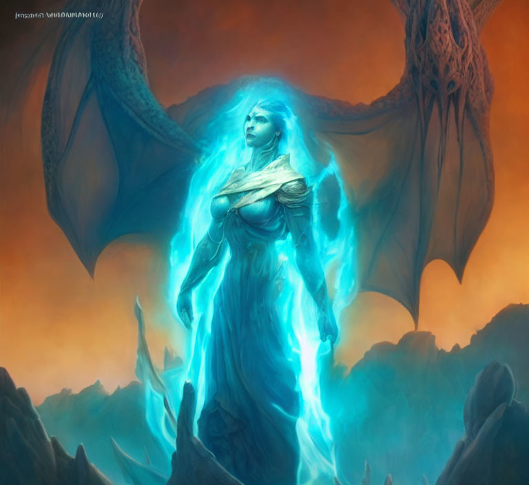 Mystical dragon-winged woman with glowing blue aura in fantasy setting