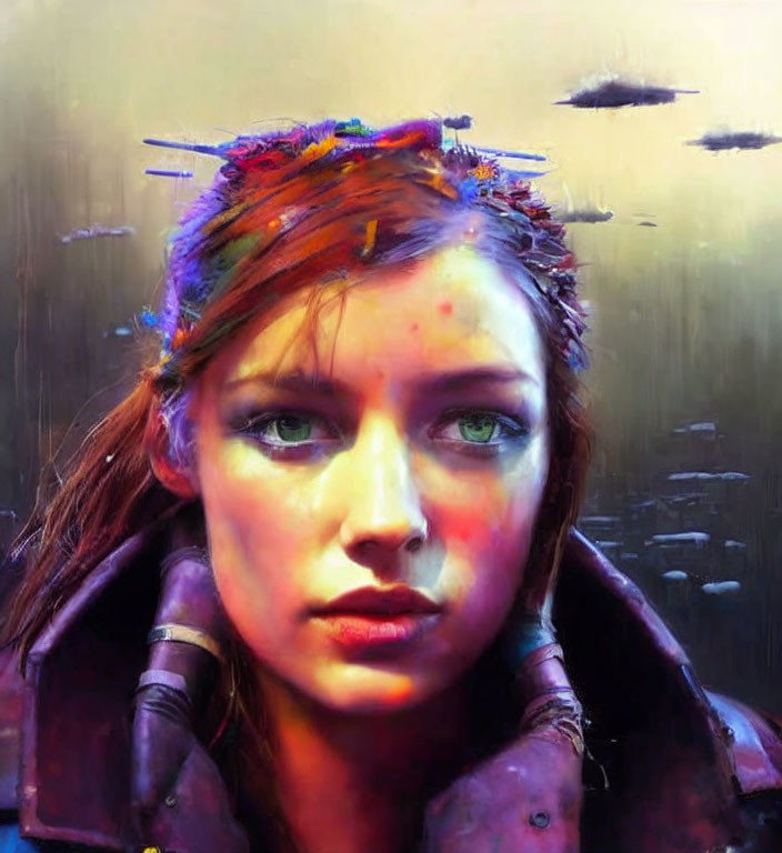 Vibrant digital painting of woman with colorful splashes on forehead against abstract ship-themed background