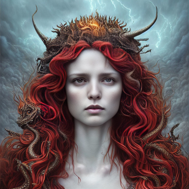 Pale woman with fiery red hair and horned crown beside dragon in stormy sky