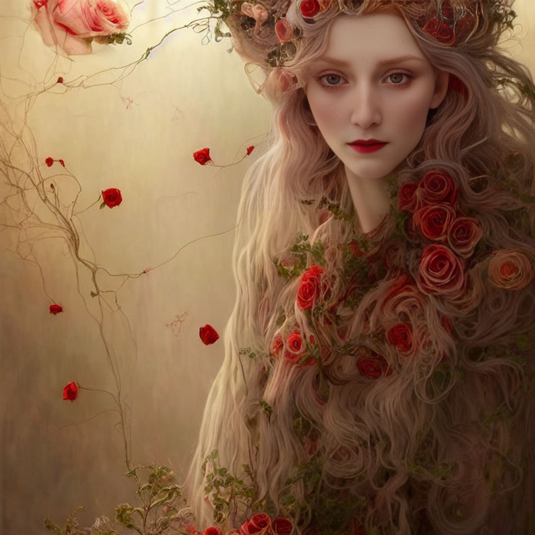 Portrait of a woman with pale skin and roses in hair against floral background