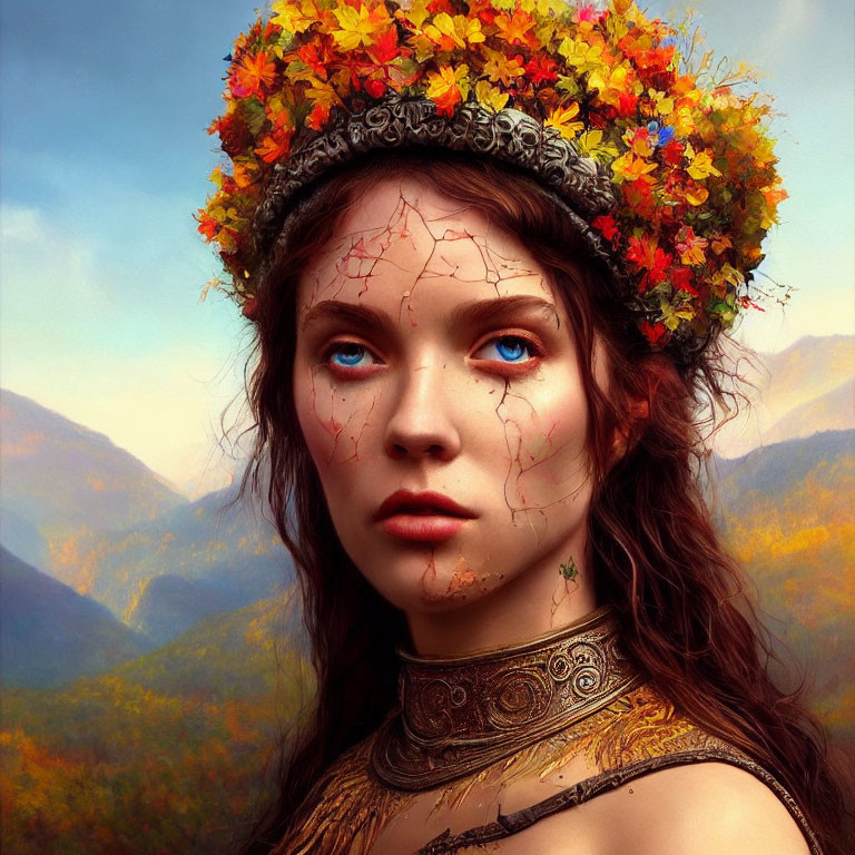 Blue-eyed woman with floral crown poses in front of mountain range with vine-like skin markings