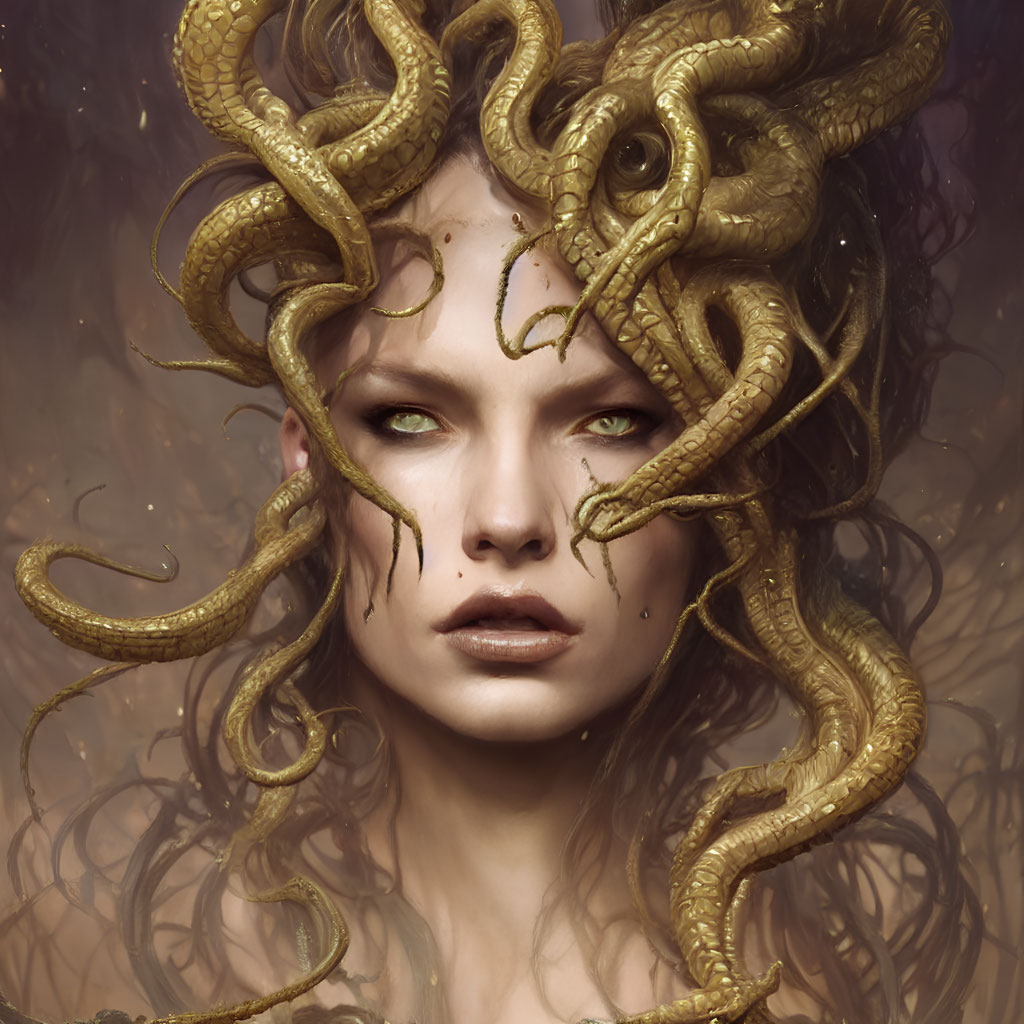 Woman with snake-like features and live serpents in hair, reminiscent of Medusa, with intense