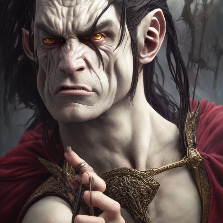 Malevolent fantasy character with sharp ears and red eyes in red and gold attire