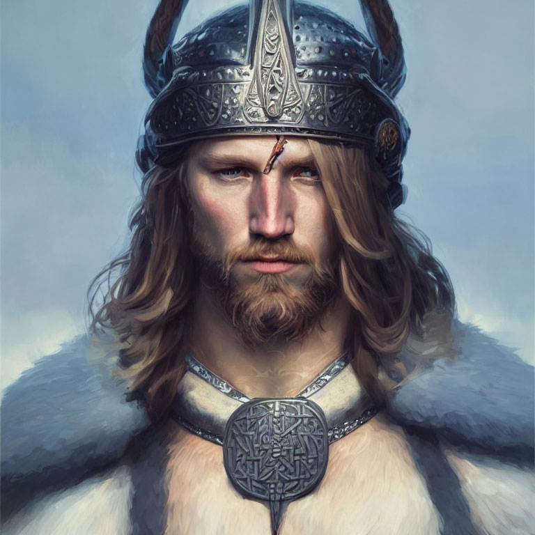 Viking warrior painting with stern expression and decorated helmet