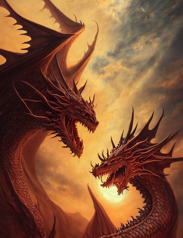 Two dragons with intricate scales and horns against a sunset sky