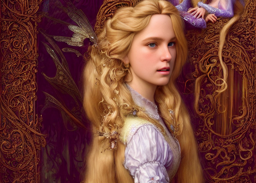 Digital Artwork: Young Woman with Blonde Hair, Purple Dress, and Fairy