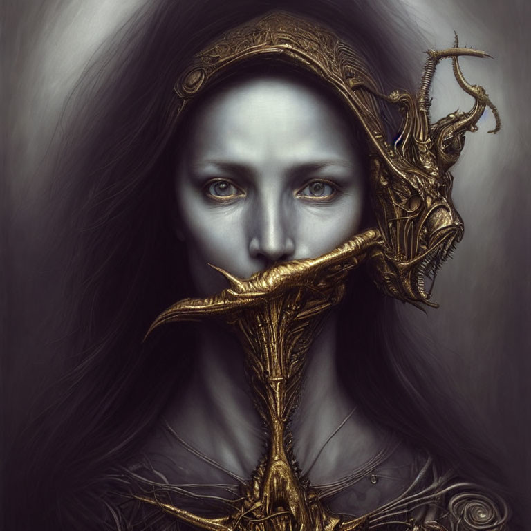 Portrait of a person with pale skin wearing a golden helmet with dragon-like creature.