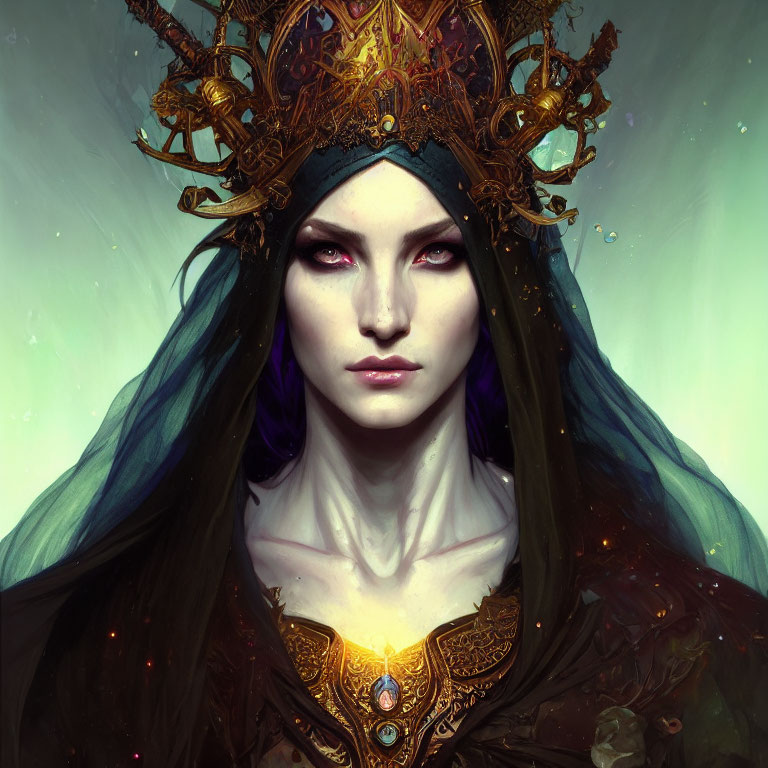 Ethereal woman with red eyes, golden crown, and green aura