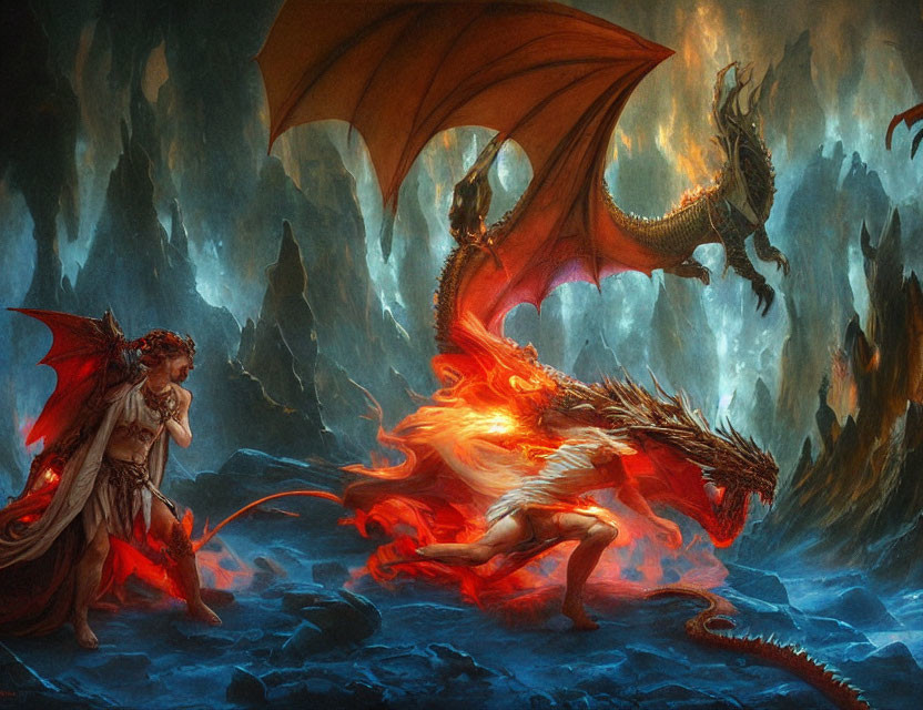 Armored warrior with fire-winged dragon in dramatic cave landscape