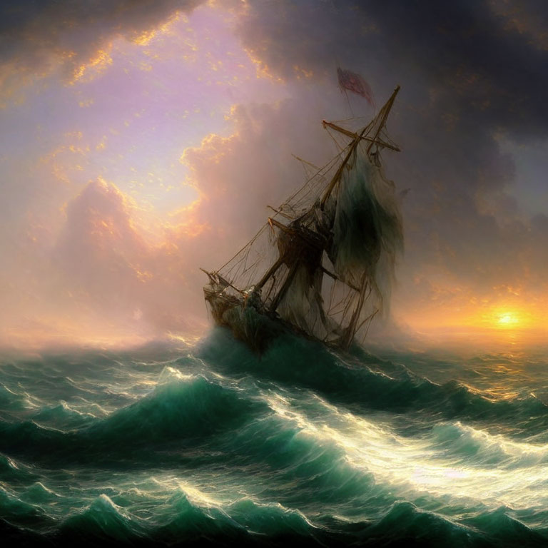Ship battling tumultuous sea under dramatic sky with sunlight streaming through clouds.