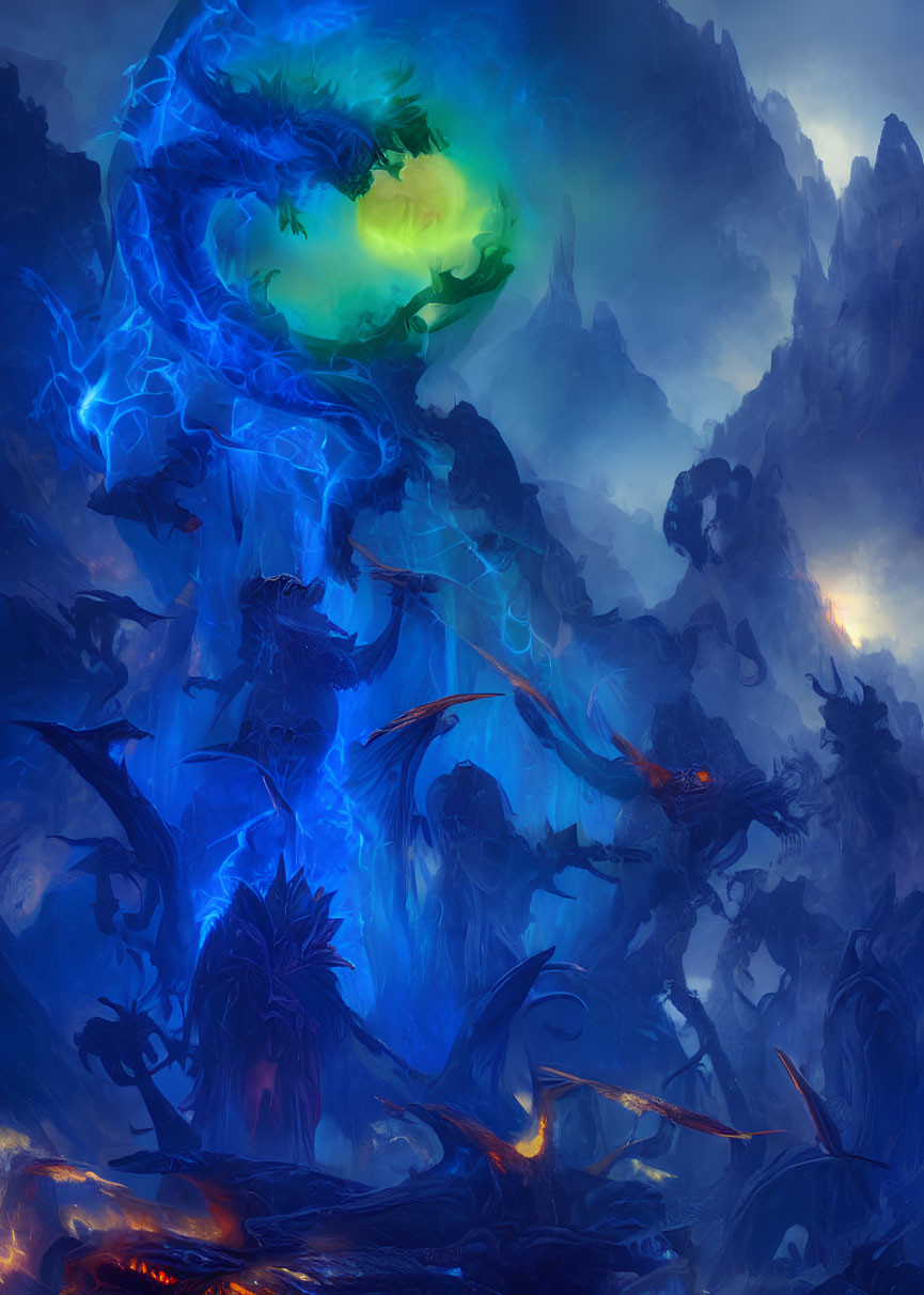 Blue dragon surrounded by dark mountains and vibrant sky with glowing elements