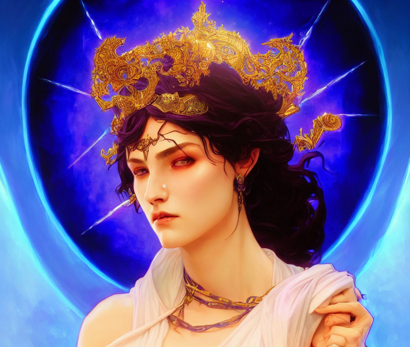 Pale-skinned woman with dark hair and red eyes wearing a gold crown and jewelry against a blue cres