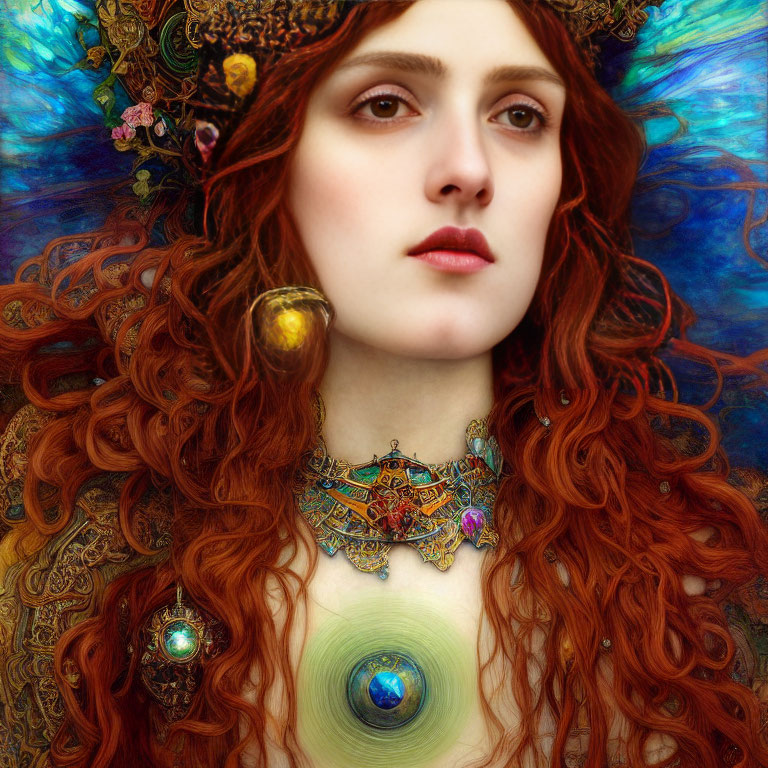 Woman with Red Hair, Intense Gaze, Ornate Jewelry, and Flowers